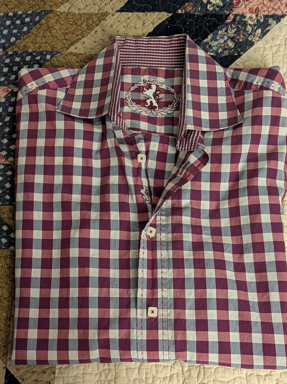 Bugatchi Maroon and White Gingham Button-Down Shirt Size Medium
